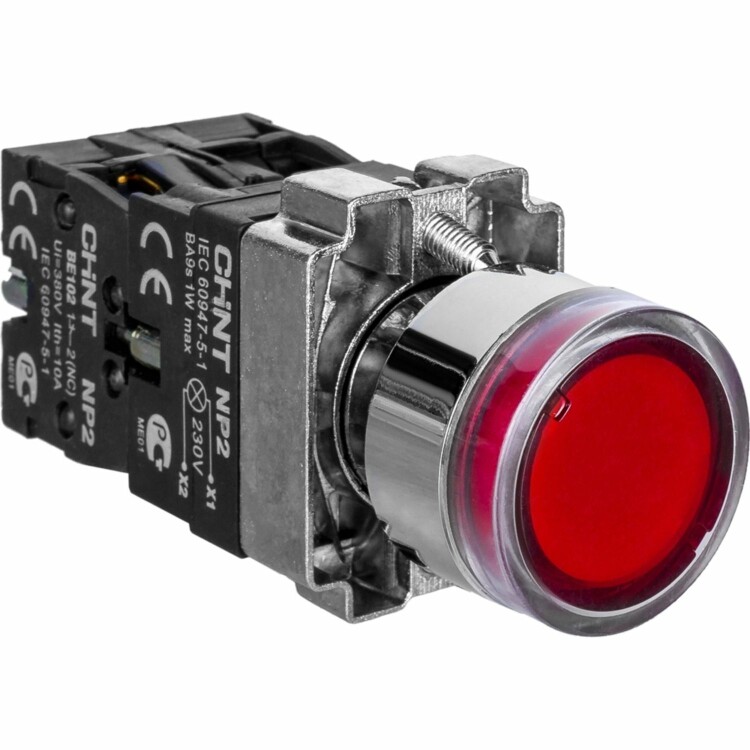 Кнопка управления NP2-BW3465 плоская 1НО+1НЗ AC/DC230В (LED) IP40 красн. 574366 Chint