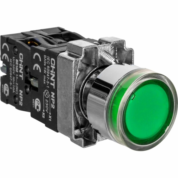 Кнопка управления NP2-BW3365 плоская 1НО+1НЗ AC/DC230В (LED) IP40 зел. 574365 Chint